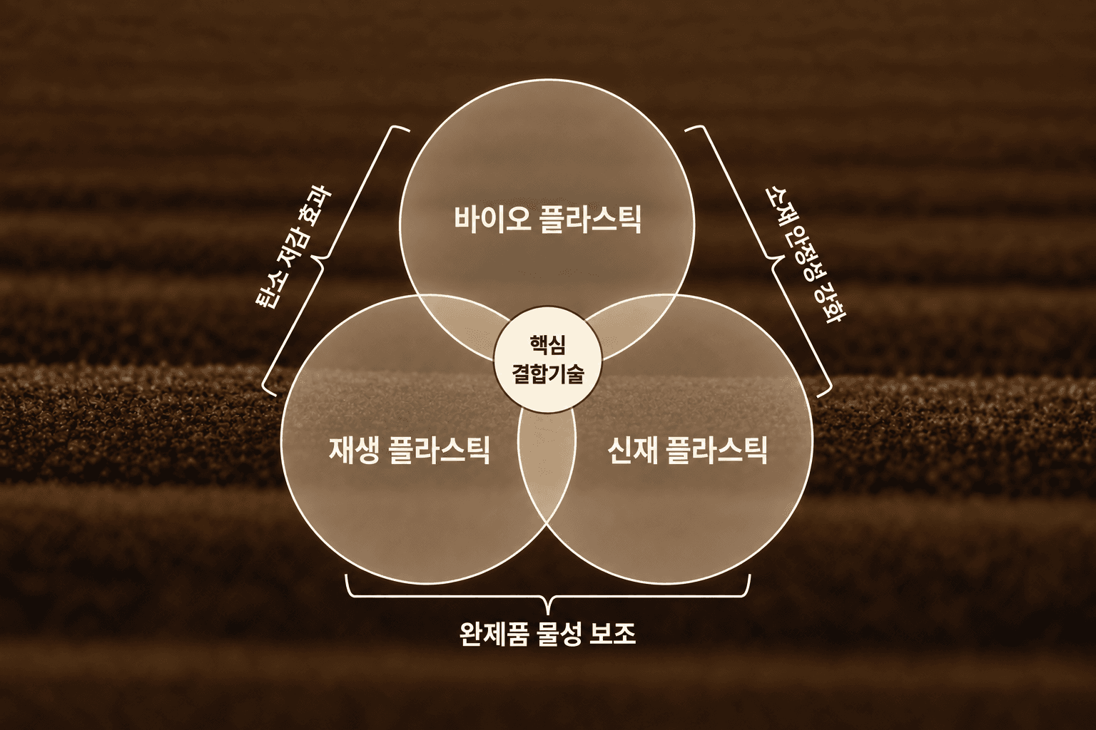 바이오 플라스틱, 재생 플라스틱, 신재 플라스틱 세 원이 겹쳐 핵심 결합기술을 이루는 다이어그램